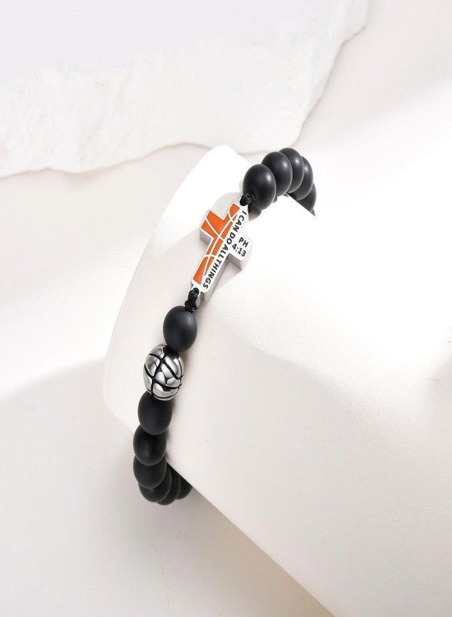 MEALGUET Basketball Strand Bracelet, Adjustable Design with Inspirational Cross Engraving, Black Agate Beads, Stainless Steel, Sports Gift for Boys and Men - Image 5