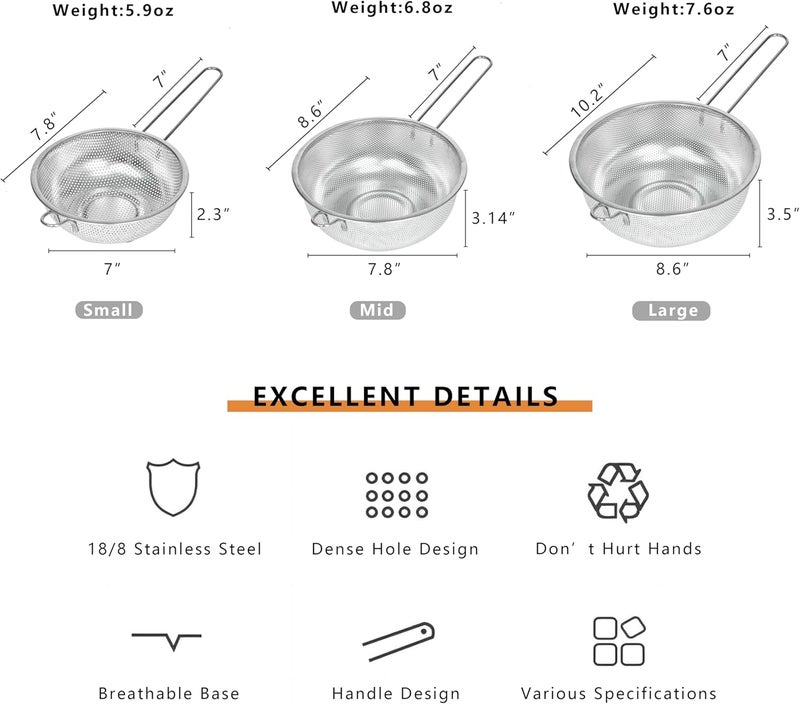KASTWAVE Strainer with Long Handle, Round Kitchen Strainer, Mesh Strainer Pot, Strainer Skimmer in Stainless Steel, Easy to Clean, Rust Resistant, Sieve for Food, Tea, Rice, Oil, Noodles, Fruits and Vegetables - Image 3