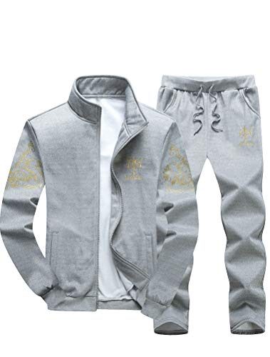 PASOK Men's Casual Tracksuit Full Zip Running Jogging Athletic Sports Jacket And Pants Set Gray S - Image 2