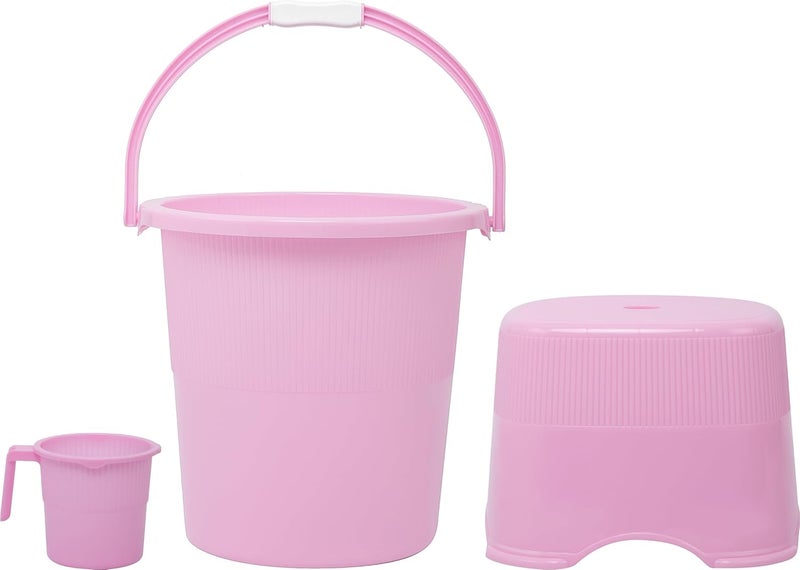 Regalo Regalo Square Ribbed Funk 3 Pcs Bathroom Set Bucket 20LMug 1LStool Pink 