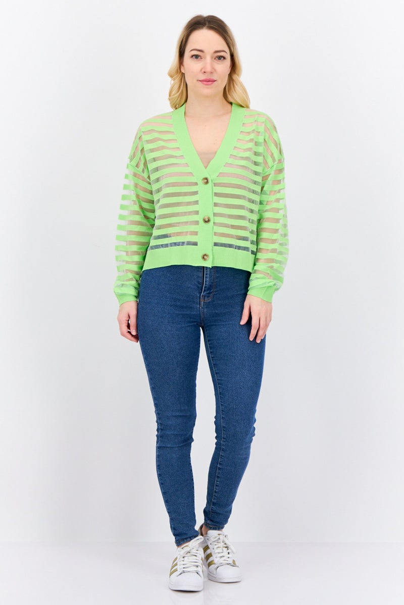 MANGO Women V Neck Stripe Cardigan, Lime Green  - Image 4