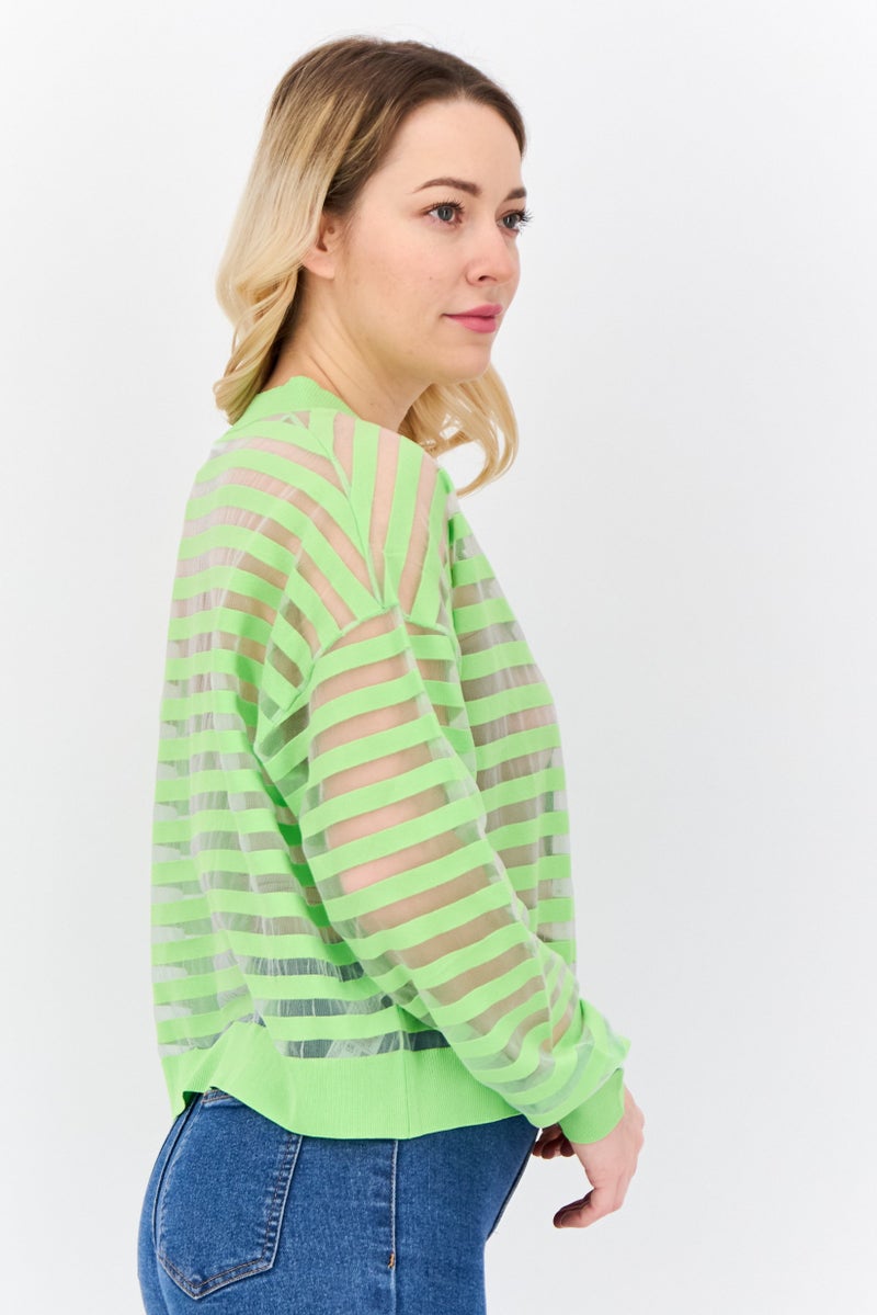 MANGO Women V Neck Stripe Cardigan, Lime Green  - Image 2