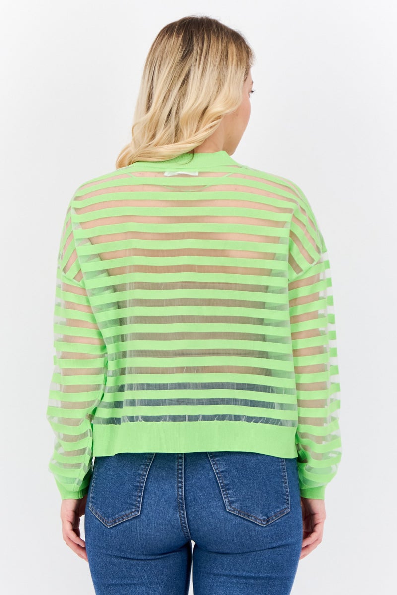 MANGO Women V Neck Stripe Cardigan, Lime Green  - Image 3