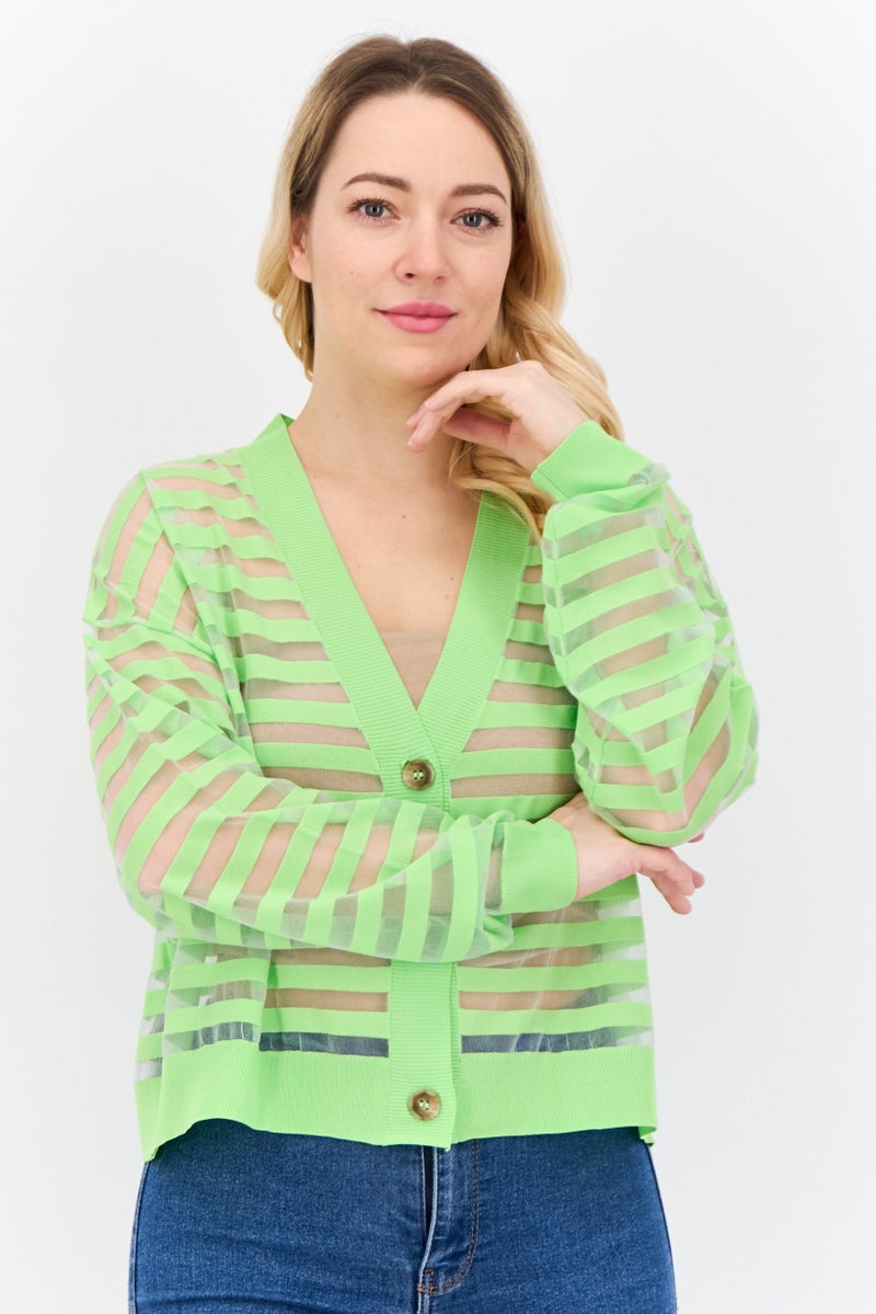 MANGO Women V Neck Stripe Cardigan, Lime Green  - Image 1
