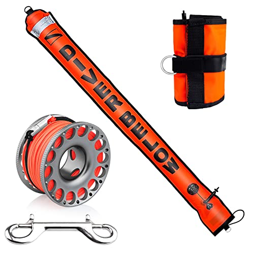 Seafard 5ft Red Scuba Diving Open Bottom Surface Marker Buoy (SMB) with 98ft Finger Spool Alloy Dive Reel and Double Ended Bolt Clip - Gray - Image 1