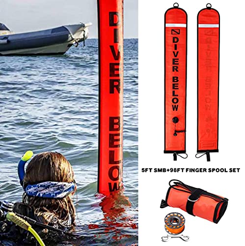 Seafard 5ft Red Scuba Diving Open Bottom Surface Marker Buoy (SMB) with 98ft Finger Spool Alloy Dive Reel and Double Ended Bolt Clip - Gray - Image 2