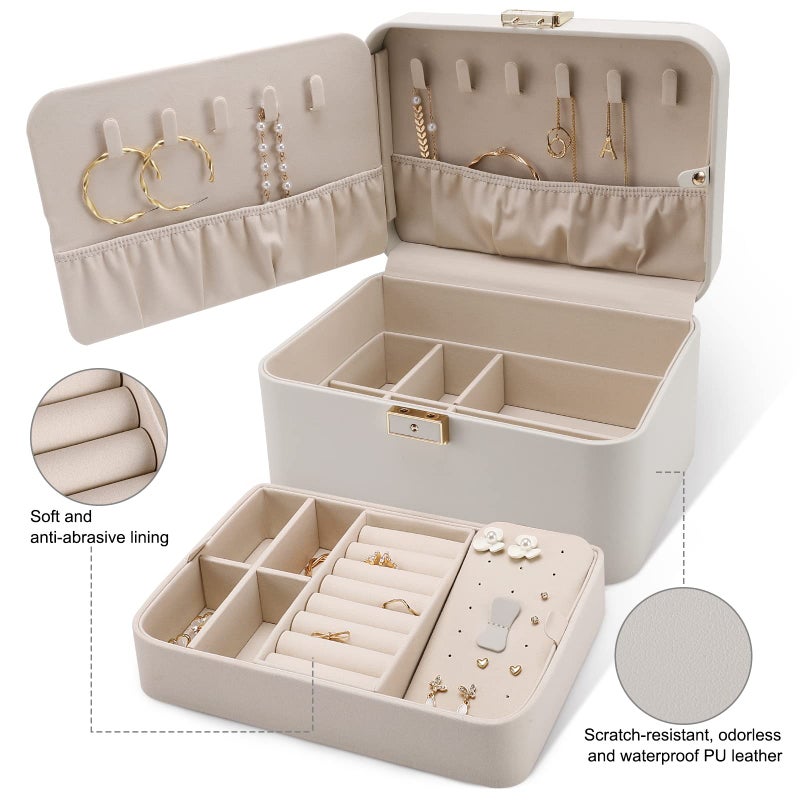 KAMIER Jewelry Box, 2 Layers PU Leather Jewelry Organizer Box, Large Capacity, Double Lock and Large Mirror, Hidden Necklace Hooks, Removable Dividers, Gift Box Packaging, Grey - Image 2