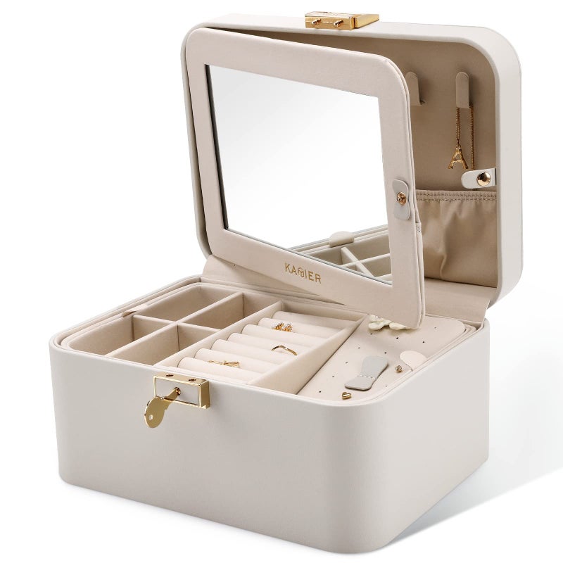 KAMIER Jewelry Box, 2 Layers PU Leather Jewelry Organizer Box, Large Capacity, Double Lock and Large Mirror, Hidden Necklace Hooks, Removable Dividers, Gift Box Packaging, Grey - Image 1