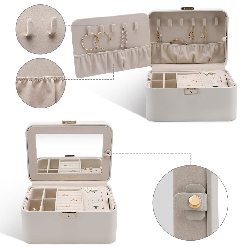 KAMIER Jewelry Box, 2 Layers PU Leather Jewelry Organizer Box, Large Capacity, Double Lock and Large Mirror, Hidden Necklace Hooks, Removable Dividers, Gift Box Packaging, Grey - Image 3