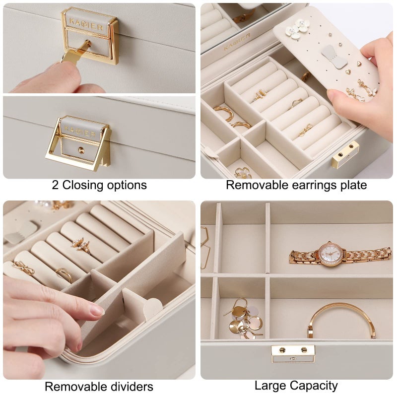 KAMIER Jewelry Box, 2 Layers PU Leather Jewelry Organizer Box, Large Capacity, Double Lock and Large Mirror, Hidden Necklace Hooks, Removable Dividers, Gift Box Packaging, Grey - Image 5