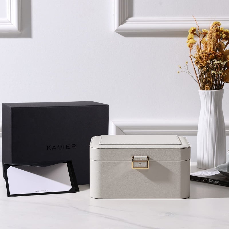 KAMIER Jewelry Box, 2 Layers PU Leather Jewelry Organizer Box, Large Capacity, Double Lock and Large Mirror, Hidden Necklace Hooks, Removable Dividers, Gift Box Packaging, Grey - Image 4