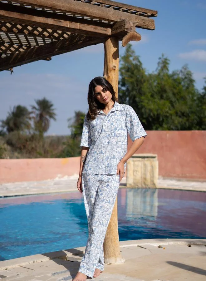 sanskrutihomes Blue All Over Print Shirt and Pyjama Set