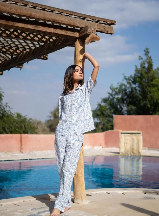sanskrutihomes Blue All Over Print Shirt and Pyjama Set