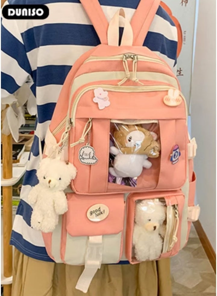 DUNISO Pink - White Color - Blocking Cute Schoolbag 5 - Piece Set | Adorable Plush Toys, Practical and Eye - Catching - Image 2