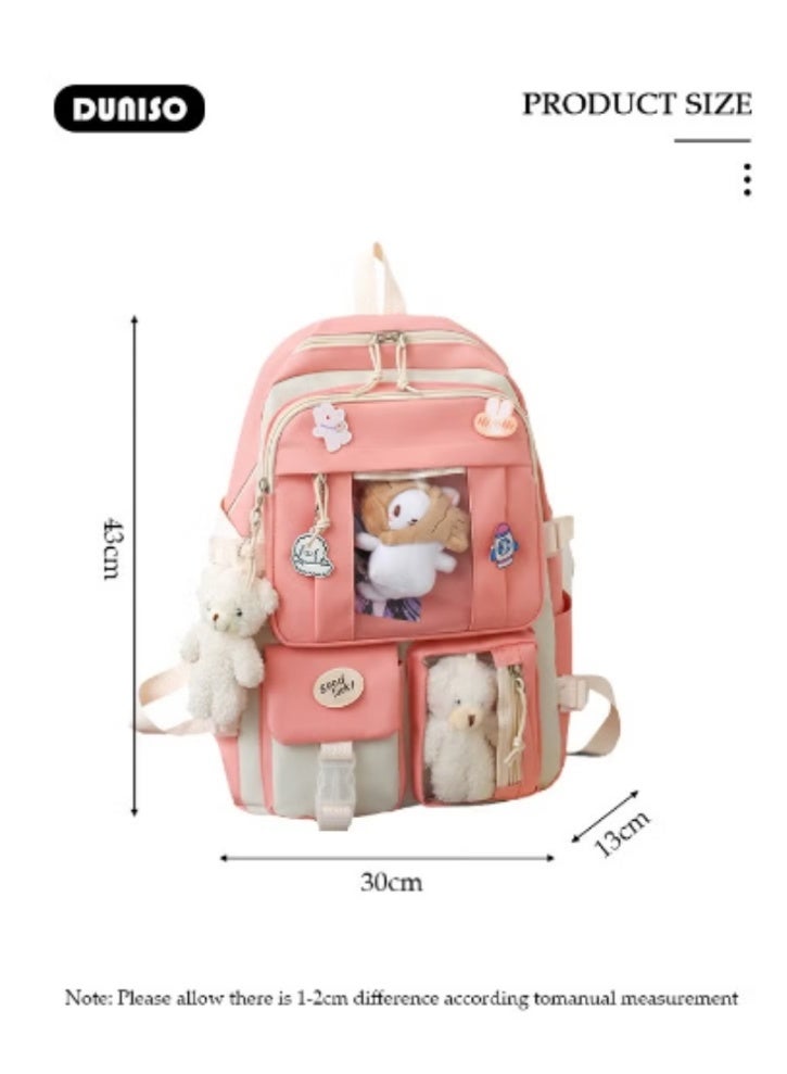 DUNISO Pink - White Color - Blocking Cute Schoolbag 5 - Piece Set | Adorable Plush Toys, Practical and Eye - Catching - Image 4