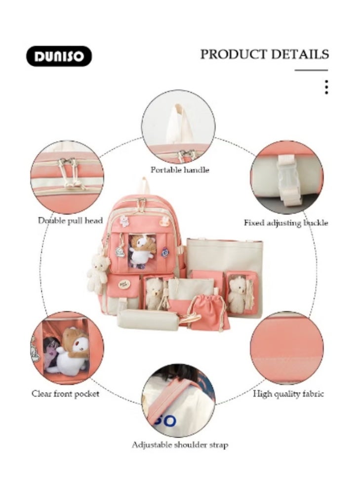 DUNISO Pink - White Color - Blocking Cute Schoolbag 5 - Piece Set | Adorable Plush Toys, Practical and Eye - Catching - Image 3