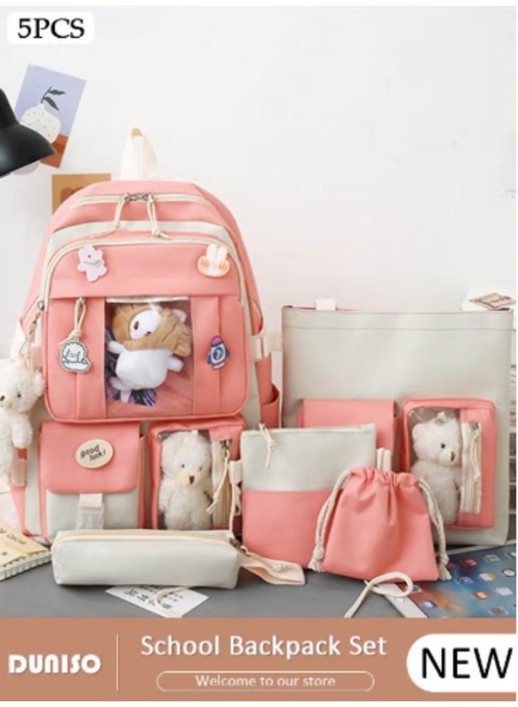 DUNISO Pink - White Color - Blocking Cute Schoolbag 5 - Piece Set | Adorable Plush Toys, Practical and Eye - Catching - Image 1