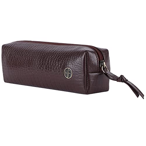 HAMMONDS FLYCATCHER Leather Utility Pouch - Multi-Use Genuine Leather Pencil Case, Cosmetic, Stationery, Coin & Makeup Brush Pouch for Women & Men - School & Office Organizer - Croc Redwood - Image 1
