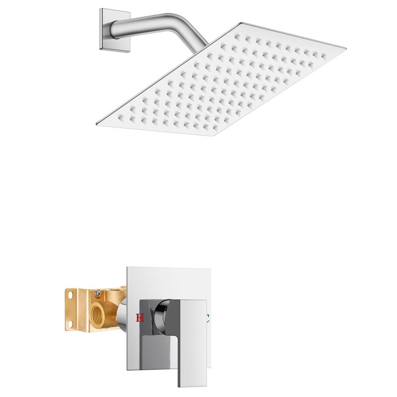 Airuida Shower Faucet Set Bathroom Rain Shower System 8 Inch Square Showerhead Single Function 1 Handle Trim Kit with Female Thread Rough-in Valve Cover Plate with H and C Labels Chrome Polish - Image 1