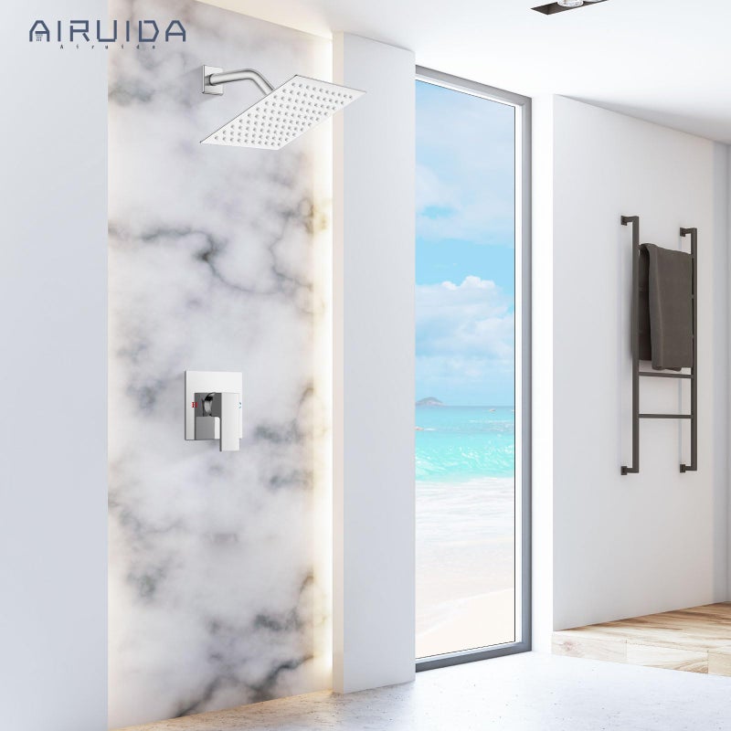 Airuida Shower Faucet Set Bathroom Rain Shower System 8 Inch Square Showerhead Single Function 1 Handle Trim Kit with Female Thread Rough-in Valve Cover Plate with H and C Labels Chrome Polish - Image 3