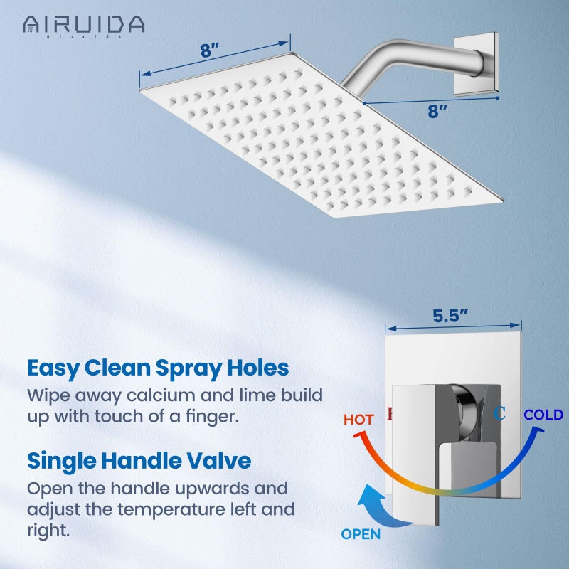 Airuida Shower Faucet Set Bathroom Rain Shower System 8 Inch Square Showerhead Single Function 1 Handle Trim Kit with Female Thread Rough-in Valve Cover Plate with H and C Labels Chrome Polish - Image 4