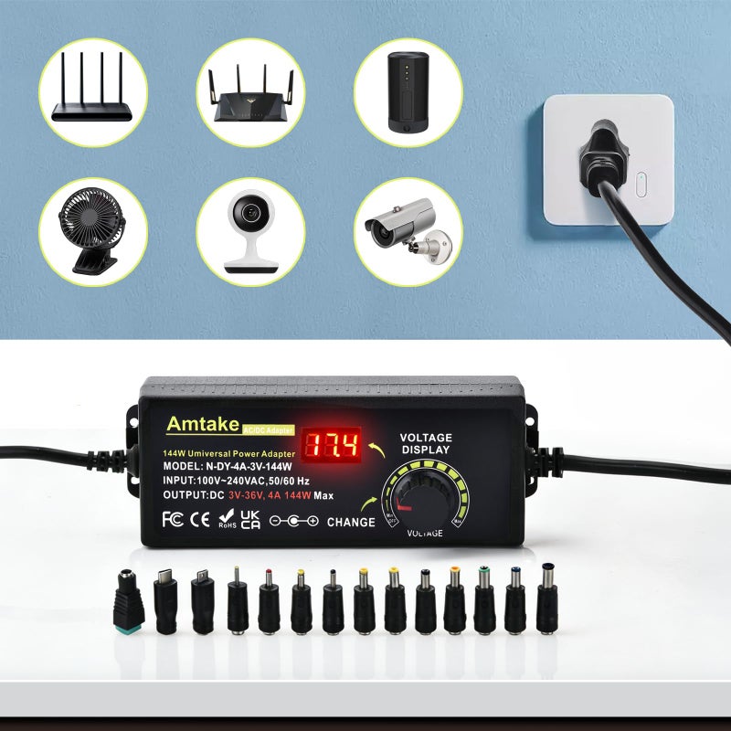 Amtake محول طاقة عالمي قابل للتعديل 4A 144W قابل للتعديل متغير التبديل 3V~36V 3V 5V 12V 24V 30V 36V محول AC/DC، محول AC إلى DC مع 14 طرف، محول قطبية وسلك اختبار - Image 2