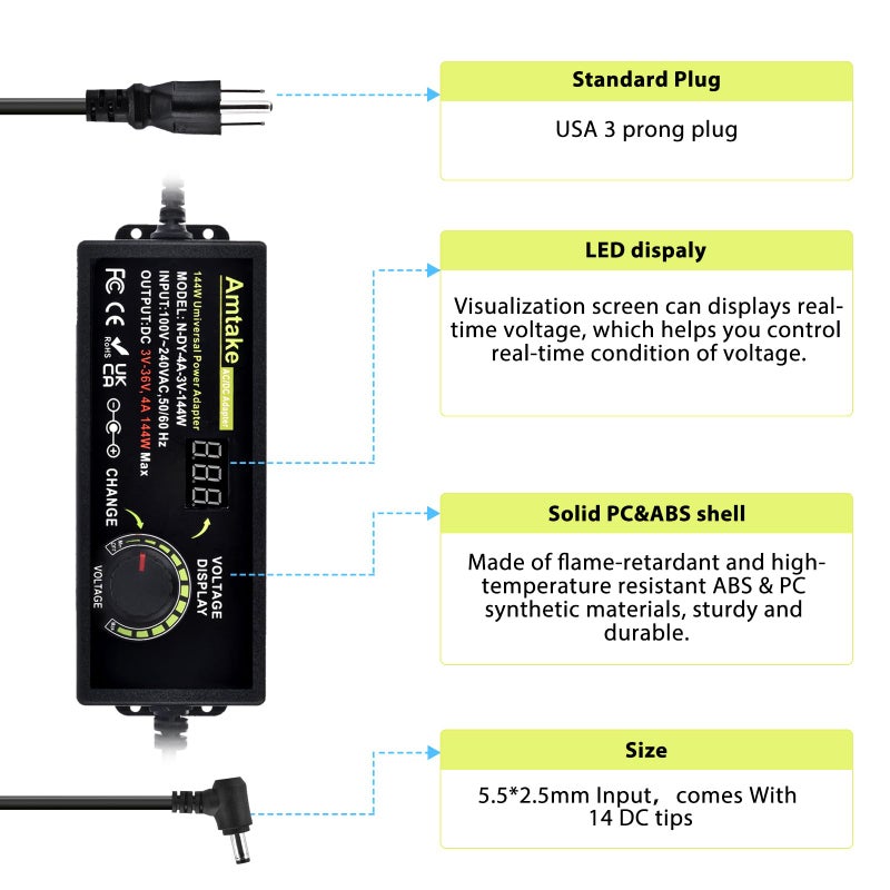Amtake محول طاقة عالمي قابل للتعديل 4A 144W قابل للتعديل متغير التبديل 3V~36V 3V 5V 12V 24V 30V 36V محول AC/DC، محول AC إلى DC مع 14 طرف، محول قطبية وسلك اختبار - Image 3