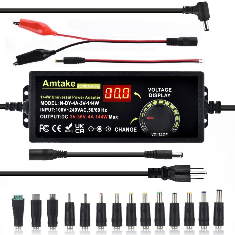 Amtake محول طاقة عالمي قابل للتعديل 4A 144W قابل للتعديل متغير التبديل 3V~36V 3V 5V 12V 24V 30V 36V محول AC/DC، محول AC إلى DC مع 14 طرف، محول قطبية وسلك اختبار - Image 1