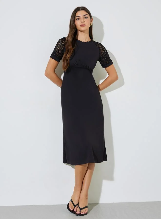 Styli  Black Solid Lace Short Sleeves A-Line Midi Dress for Women | Best Price UAE