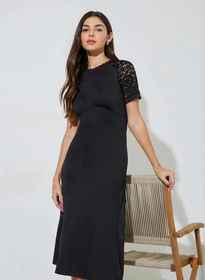 Black Solid Lace Short Sleeves A-Line Midi Dress