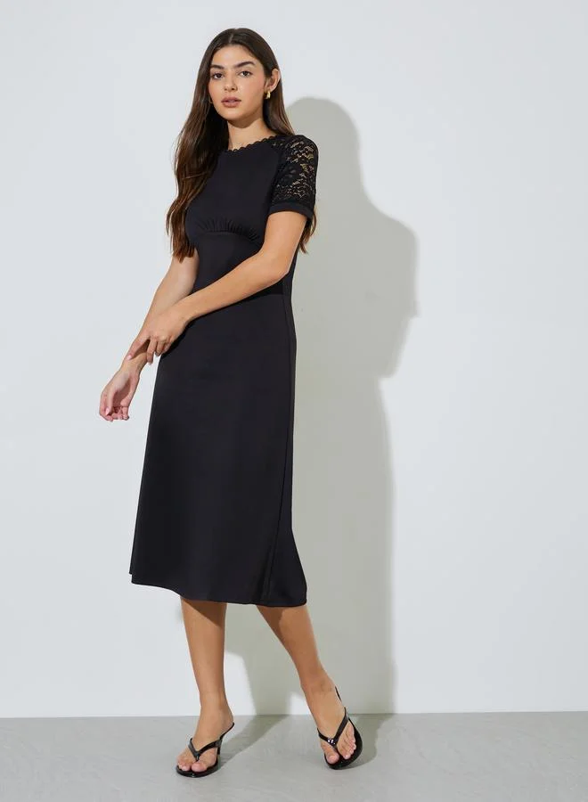 Styli  Black Solid Lace Short Sleeves A-Line Midi Dress for Women | Best Price UAE