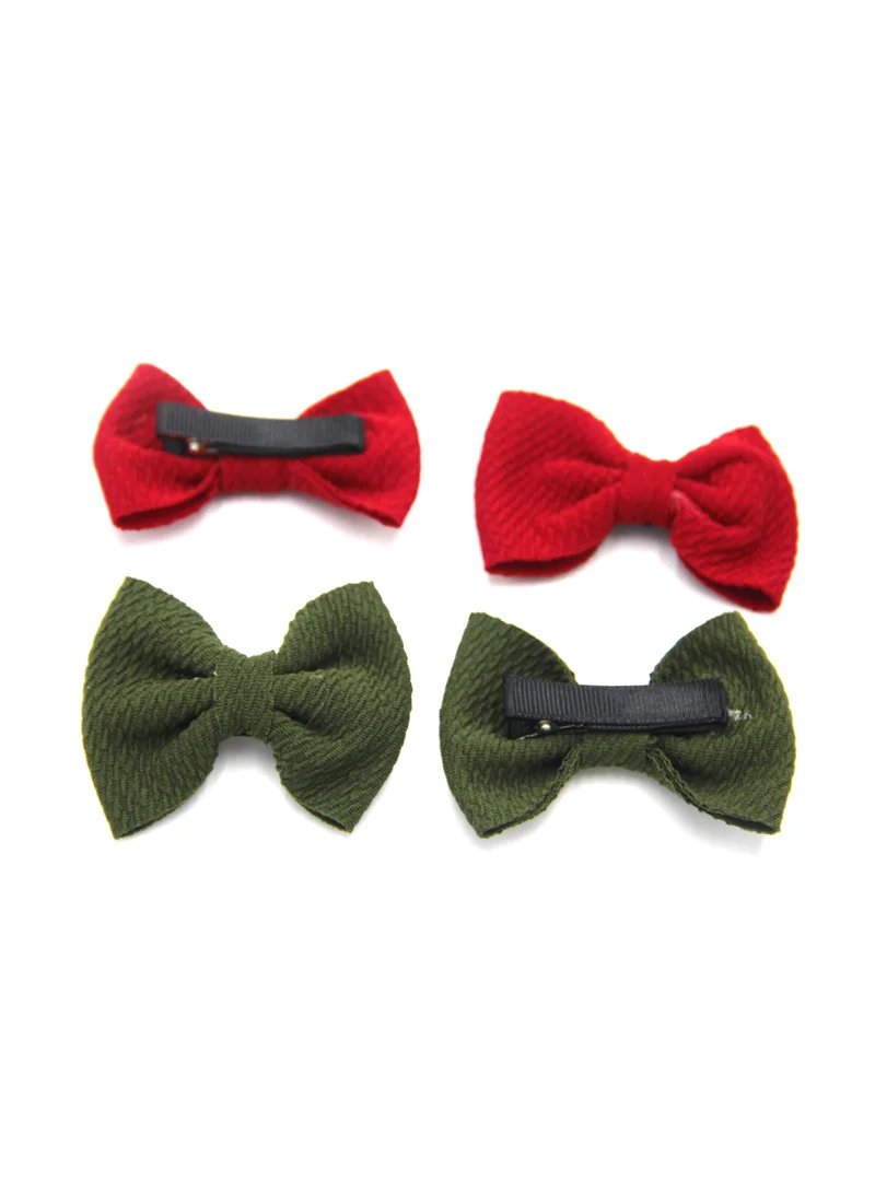 D'Daniela D'Daniela Nisha Ribbon Bow Clip Set For Babies and Girls -  Red & Olive Green