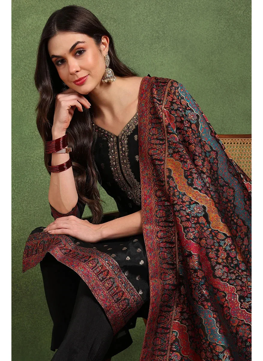 زيري سوق Black Silk Blend Solid Woven Design Straight Kurta Trousers With Dupatta