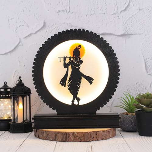 LASER ART Divine Krishna LED Backlit Lamp 8.25" MDF Wood & Acrylic Night Light With Power Adapter Spiritual Home Decor For Wall, Table, Gift Soothing Illumination For Peace & Harmony,Black - Image 1