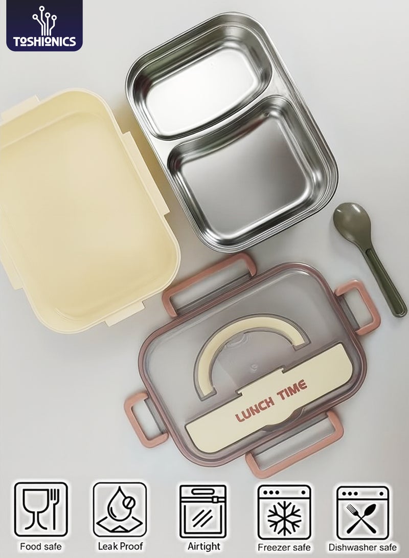 Toshionics صندوق غداء من الفولاذ المقاوم للصدأ ذو قسمين مع ملعقة، صينية قابلة للإزالة، تخزين أدوات مائدة مخفي، غطاء خالي من BPA – 1.6 لتر، للمدرسة، المكتب، السفر، الصالة الرياضية - Image 1