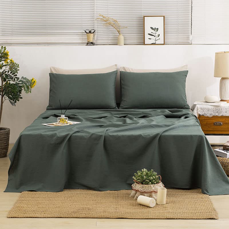 TUMEI Bed Linen Set  4Pcs Linen Sheets Set King Green Soft Breathable and Durable Deep Pocket Fitted Sheet  Flat Sheet  2 Pillowcases