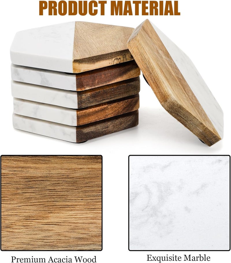 ZENFUN Set of 6 Marble Wood Coaster, Hexagon Geometric Coasters, Handcrafted Marble Coasters Set for Your Drinks and Beverages, Tea, Coffee, Wine/Bar Glasses, Tabletop Protection Helper - Image 3