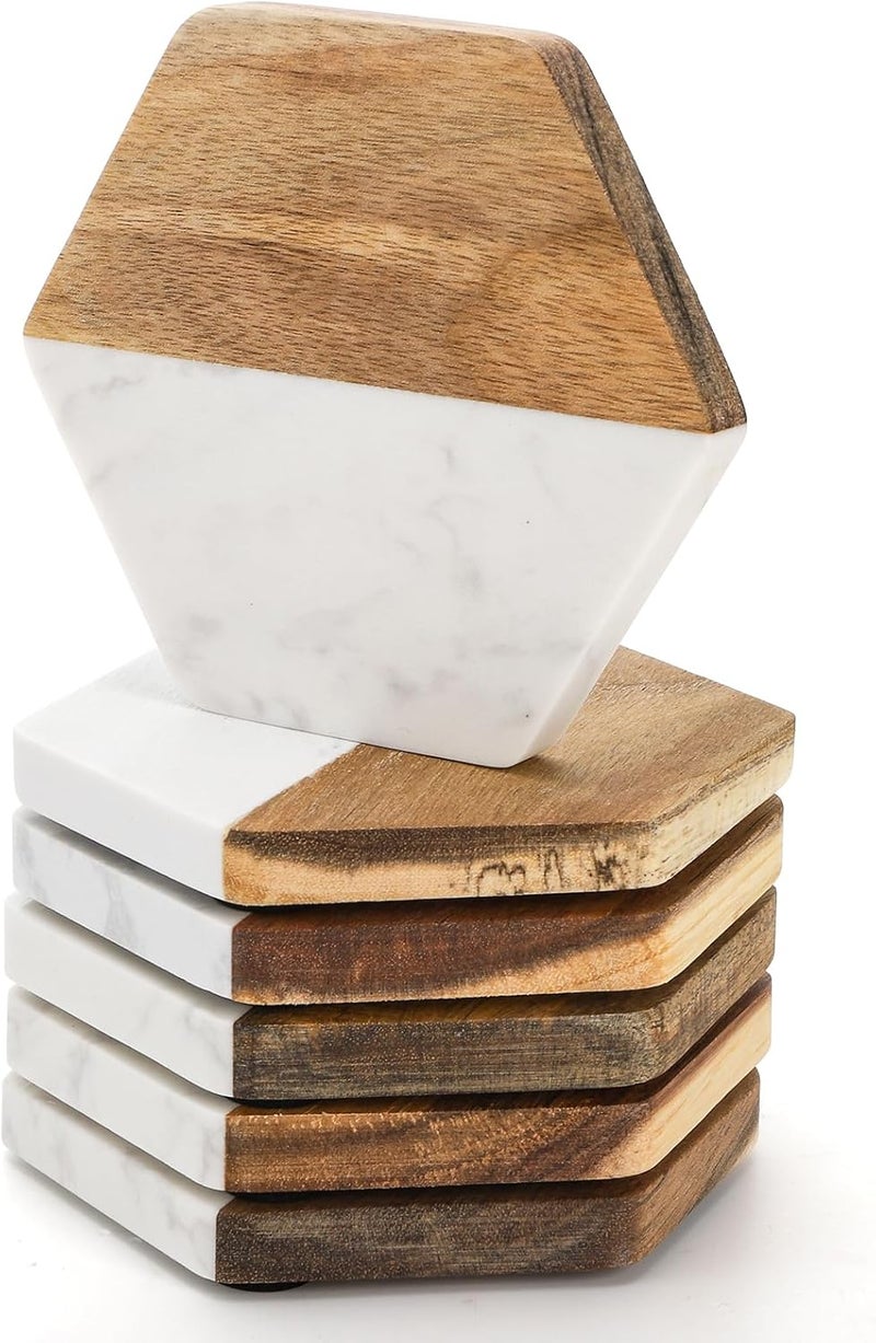 ZENFUN Set of 6 Marble Wood Coaster, Hexagon Geometric Coasters, Handcrafted Marble Coasters Set for Your Drinks and Beverages, Tea, Coffee, Wine/Bar Glasses, Tabletop Protection Helper - Image 1