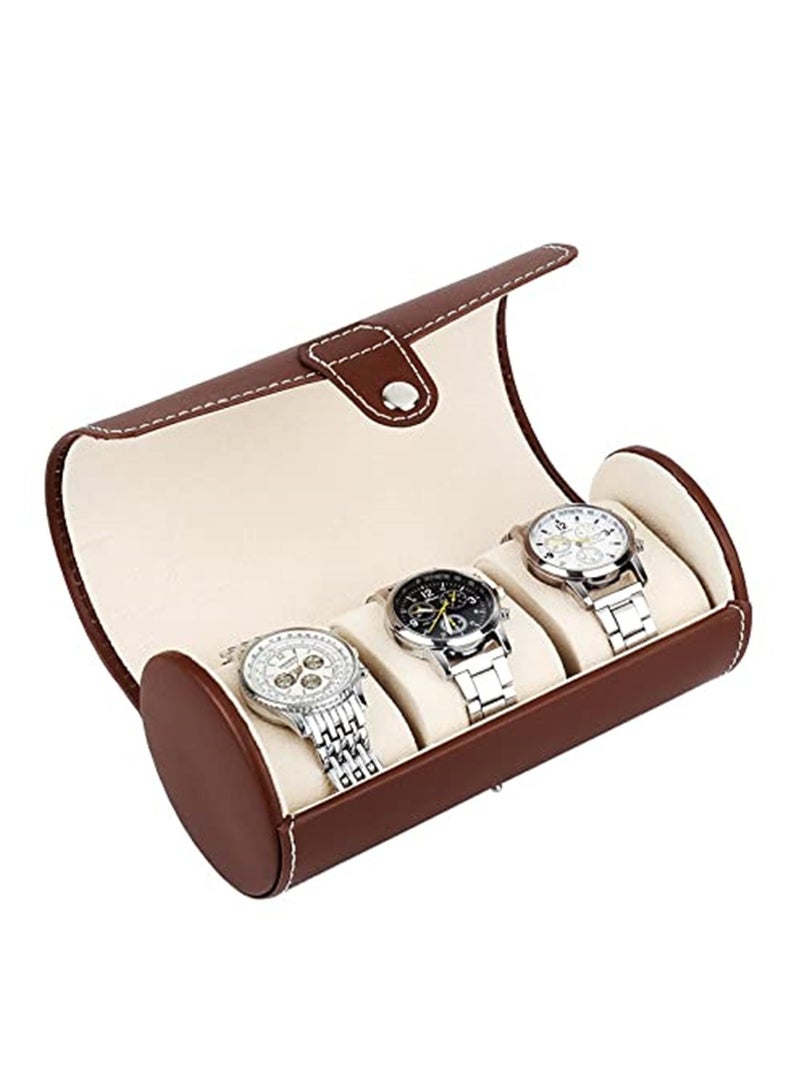 3 Slots Watch Roll Travel Case Chic Portable Vintage Leather Display Watch Storage Box with Slid in Out Watch Organizers Brown - Image 1