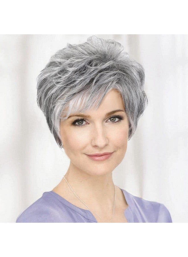 EMMOR Short Grey Human Hair Wigs For Women Blend Pixie Cut Wig With Bangnatural Daily Use Hair (Color 2/600H101) - Image 1