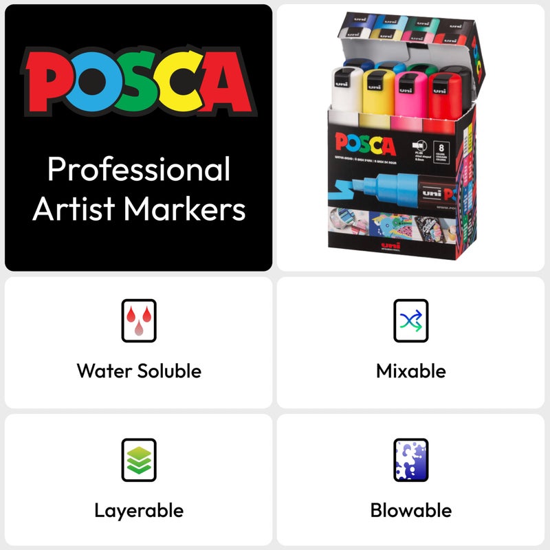 posca Authentic Marker Set, 8 Professional Grade Markers with 8K Broad Chisel Tips - Image 4