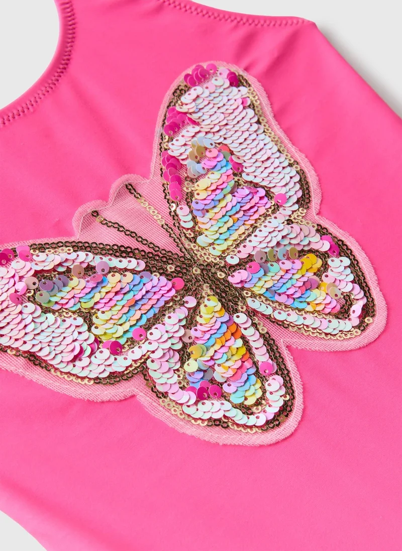 Matalan Girls Pink Sequin Butterfly Swimsuit