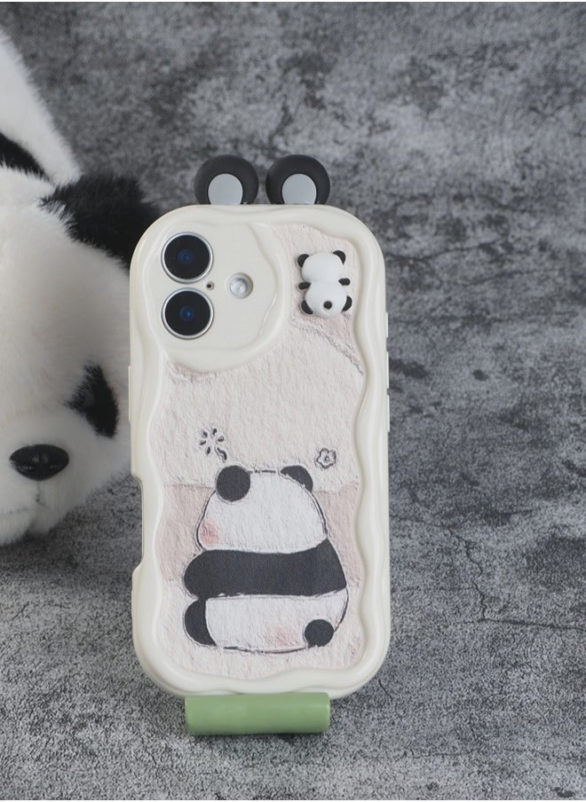 ShebSheb Cute Panda iPhone 16 Plus Case Cartoon Animal 3D Ears Panda Wavy Edge Protector,Soft Silicone Back Phone Cover  - Image 2