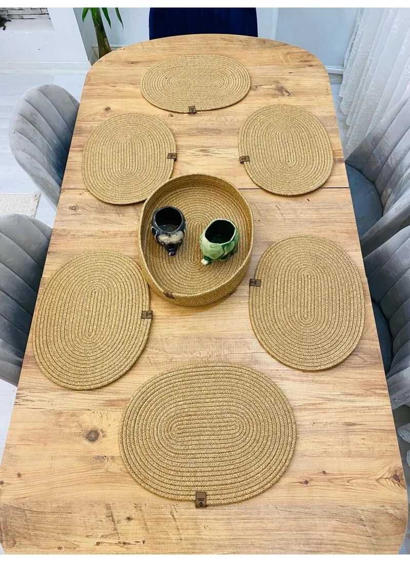 BDZ Deri BDZ Leather Jute Wicker American Service Oval Mat and Basket 7 Pieces
