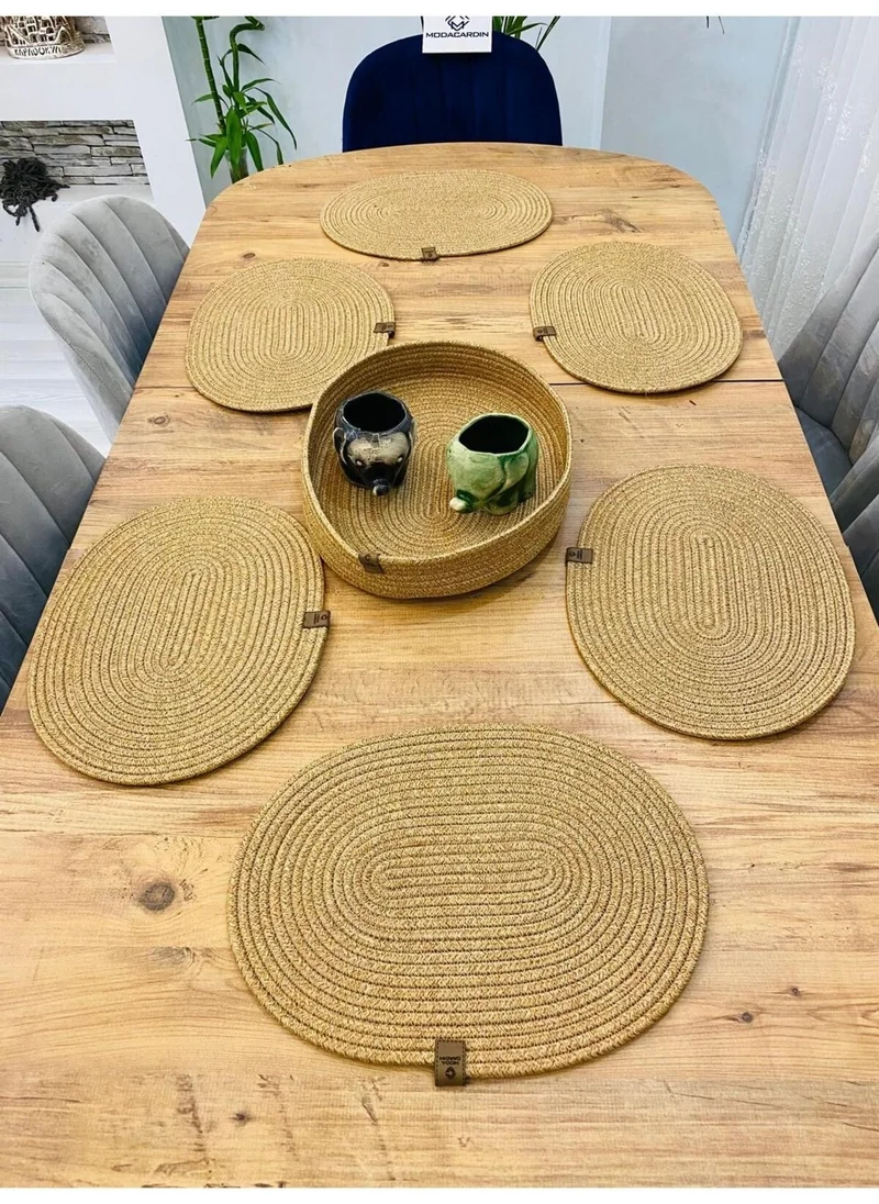 BDZ Deri BDZ Leather Jute Wicker American Service Oval Mat and Basket 7 Pieces