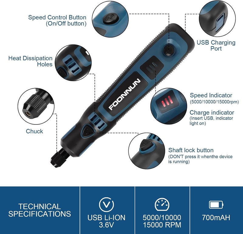فوننون طقم أدوات دوارة لاسلكية صغيرة، سرعة متغيرة 3 سرعات وكابل شحن USB 3.6 فولت، أدوات دوارة صغيرة بقوة، 50 قطعة ملحقات للقطع والحفر والصنفرة والنقش والتلميع والأعمال اليدوية - Image 2