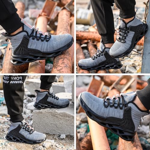 Kaximd Steel Toe Shoes for Men Women Lightweight Steel Toe Sneakers Mid Cut Indestructible Work Boots Construction Safety Shoes Gray787-43 Grey - Image 2