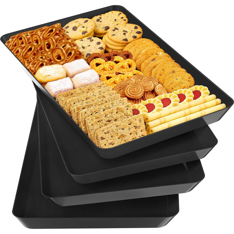 SpaceTrove 4-Pack Serving Tray Set, Reusable Plastic Serving Platter for Party Supplies, Entertaining, Grilling Accessories, Stackable Kitchen Snack Box Container for Dessert, Fruit, Cookie, (Black) - Image 1