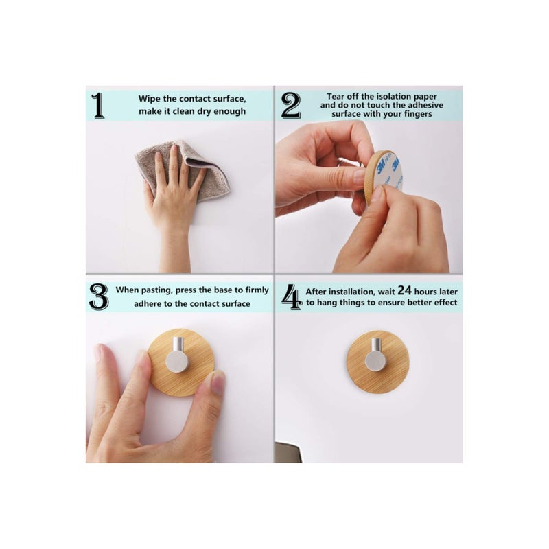SOLARAE 4-Pack Stainless Steel Hooks, Waterproof Adhesive Hooks Bamboo Towel Holders Multipurpose Wall Hooks Bathroom Organizer Hooks Durable Coat Hangers for Hanging Coat, Belt, Keys, Headset - Image 5