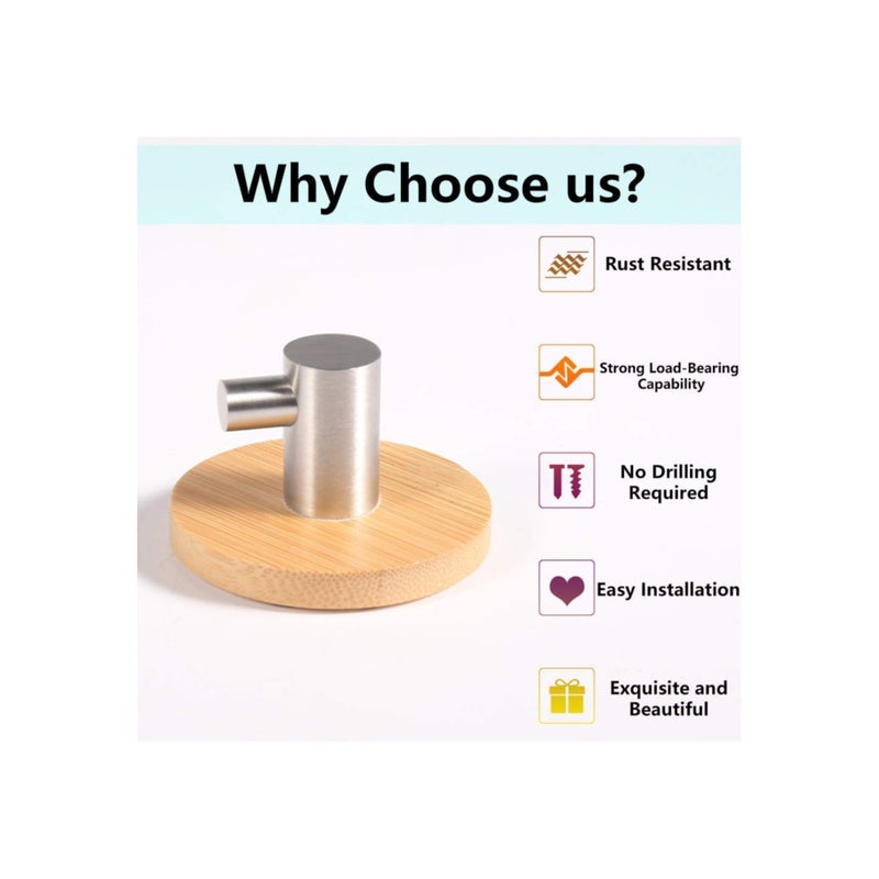 SOLARAE 4-Pack Stainless Steel Hooks, Waterproof Adhesive Hooks Bamboo Towel Holders Multipurpose Wall Hooks Bathroom Organizer Hooks Durable Coat Hangers for Hanging Coat, Belt, Keys, Headset - Image 4